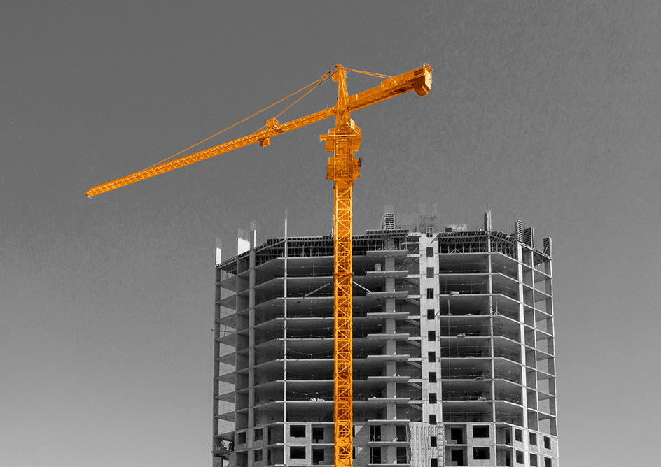Construction crane with building